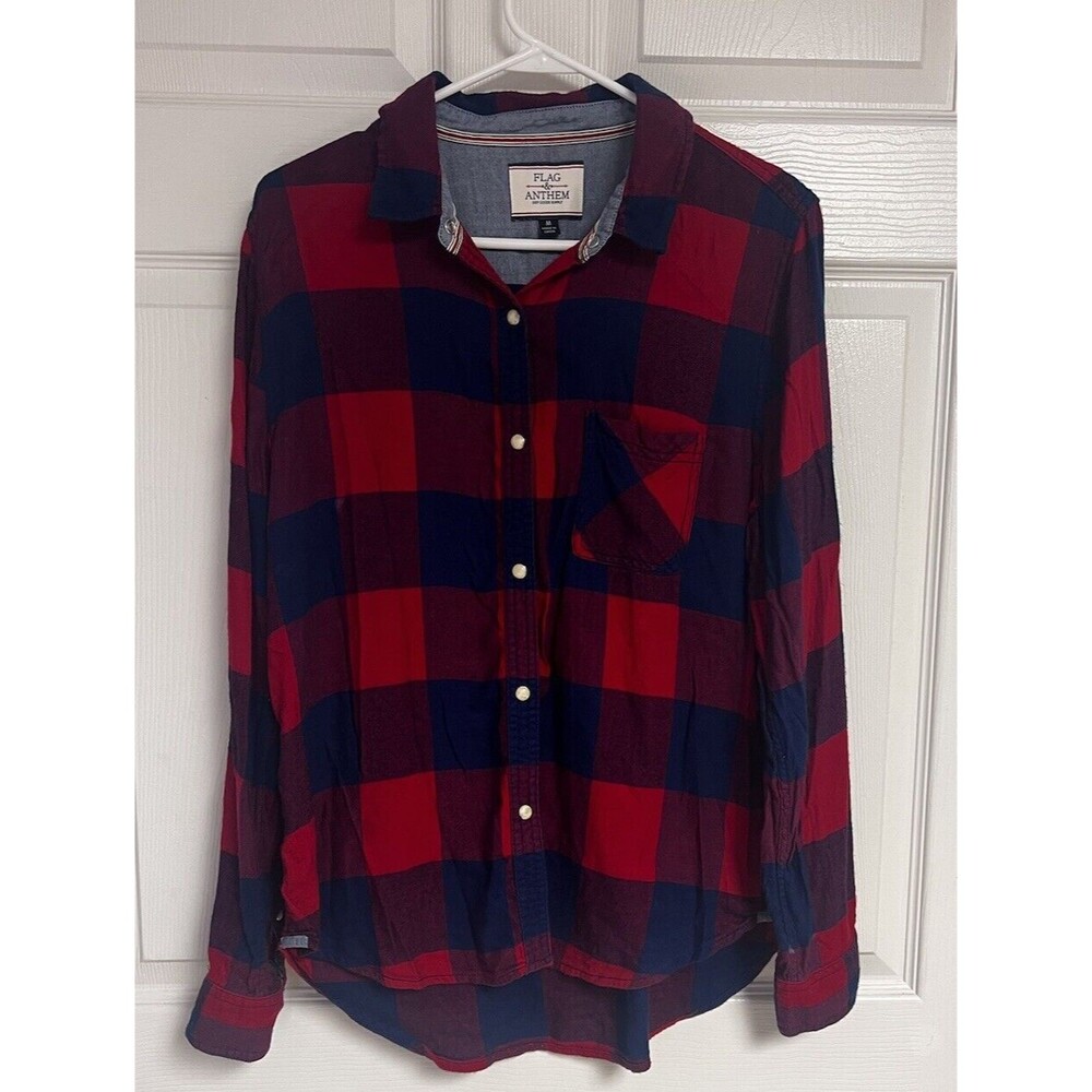 Flag Anthem Shirt Mens Medium Red Blue Button Up Buffalo Plaid Flannel